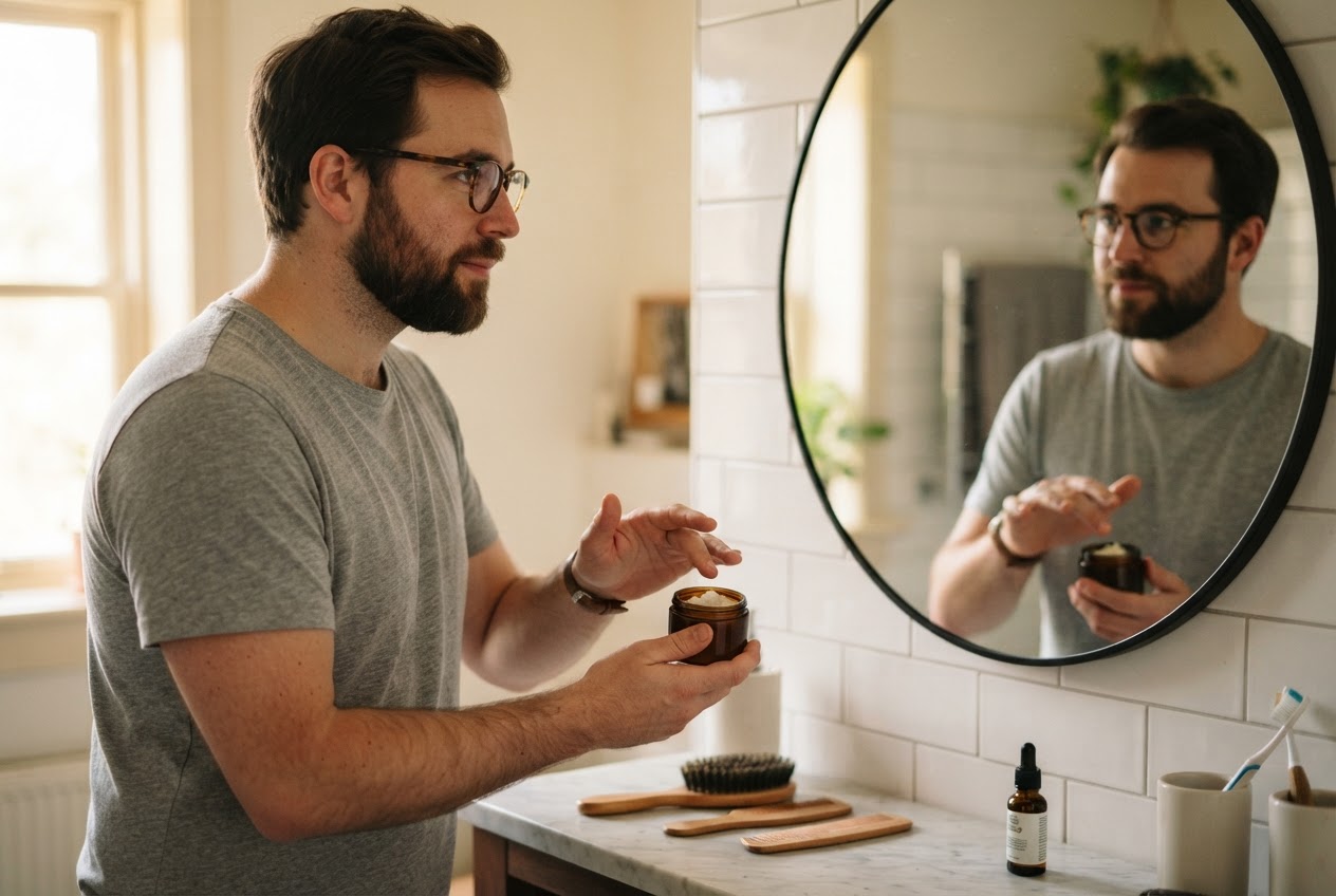 Man applying beard cream at the bathroom mirror