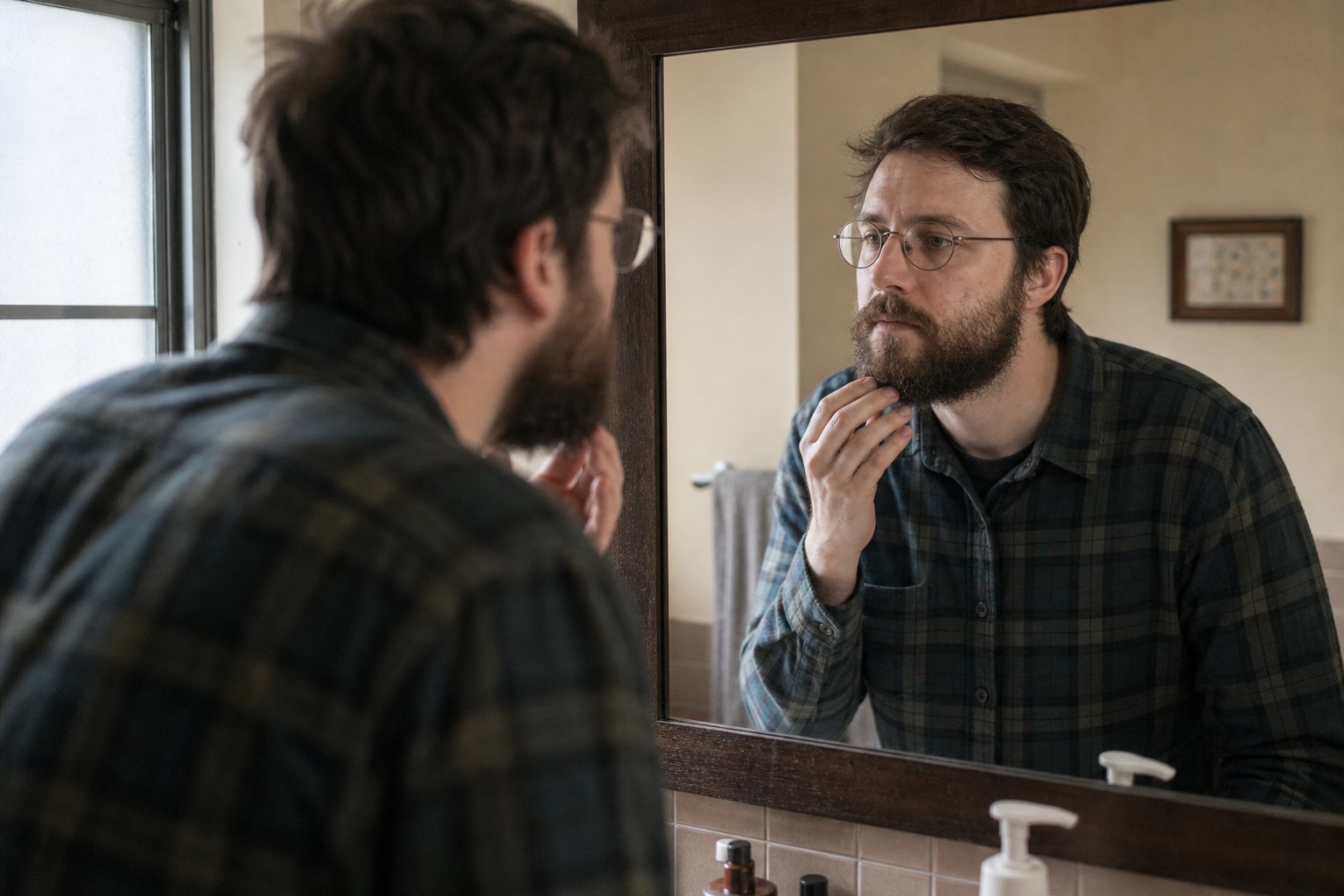Man checking his shaped beard in the bathroom mirror